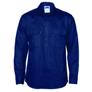 Close Front Cotton Drill Shirt - Long Sleeve Navy