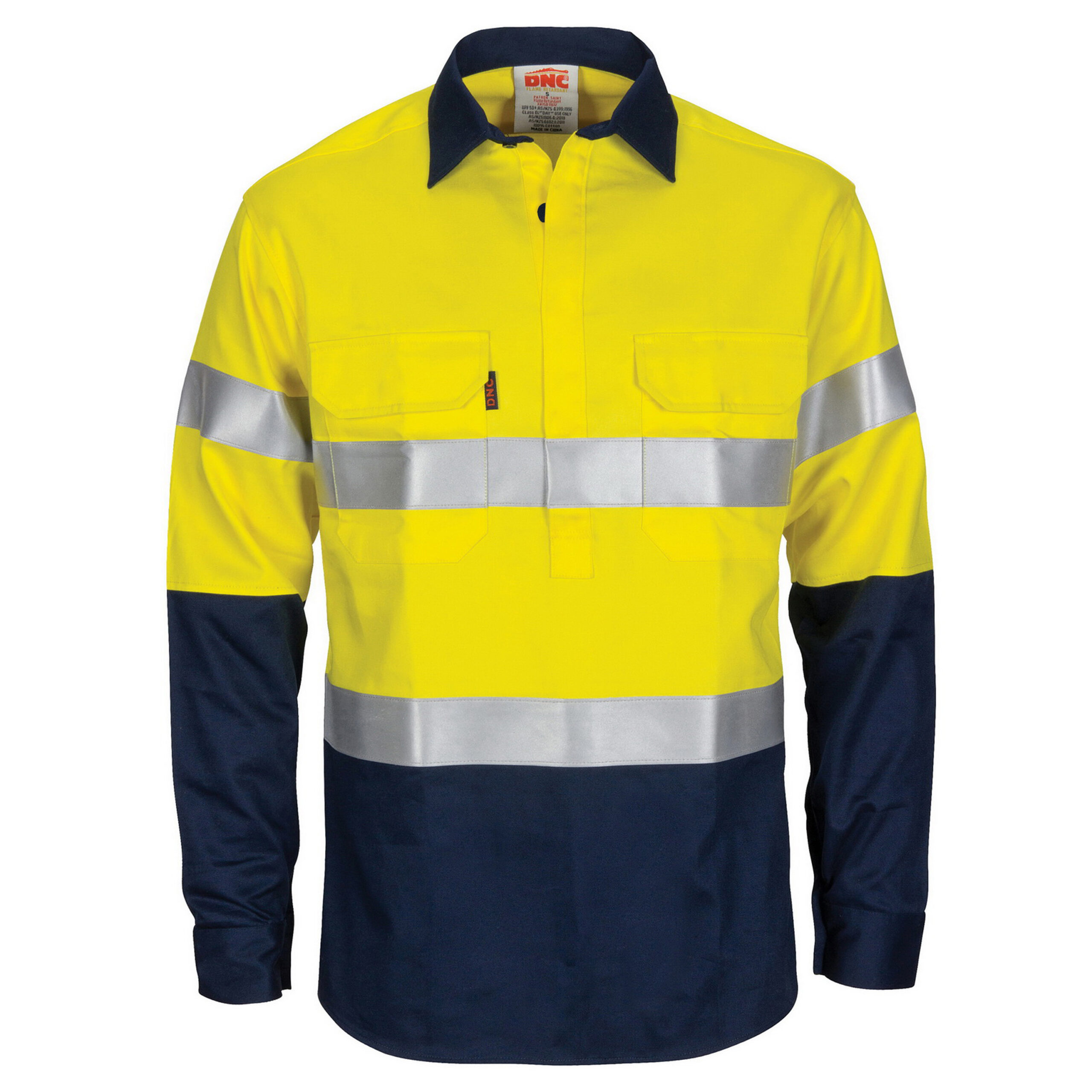 Patron Saint Flame Retardant 2 Tone Closed Front Cotton Shirt with 3M F/R Tape - L/S Yellow/Navy Patron Saint Flame Retardant 2 Tone Closed Front Cotton Shirt with 3M F/R Tape - L/S Yellow/Navy