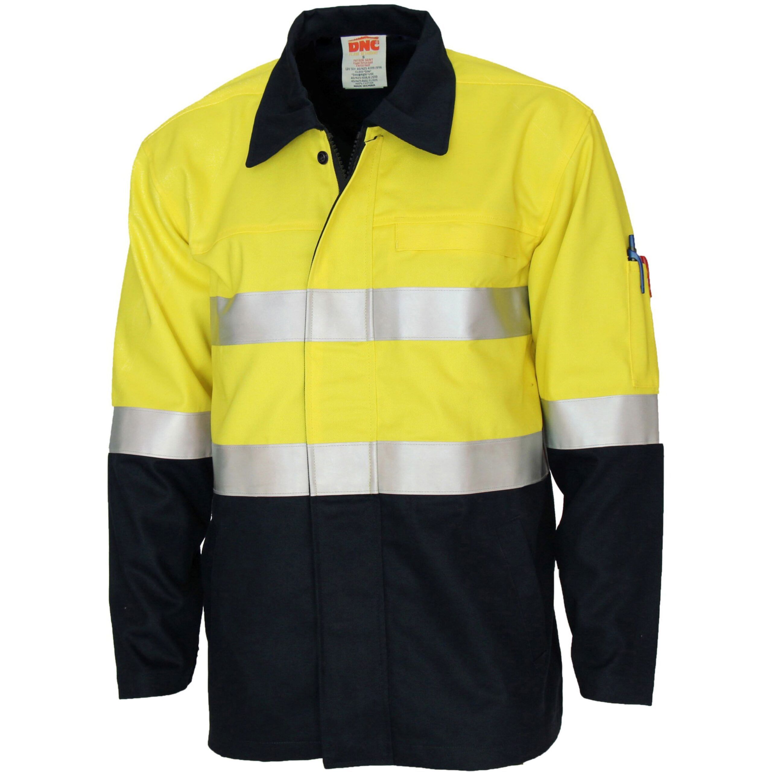 Patron Saint Flame Retardant Two Tone Drill ARC Rated Welder's Jacket with LOXY F/R Tape Yellow/Navy Patron Saint Flame Retardant Two Tone Drill ARC Rated Welder's Jacket with LOXY F/R Tape Yellow/Navy