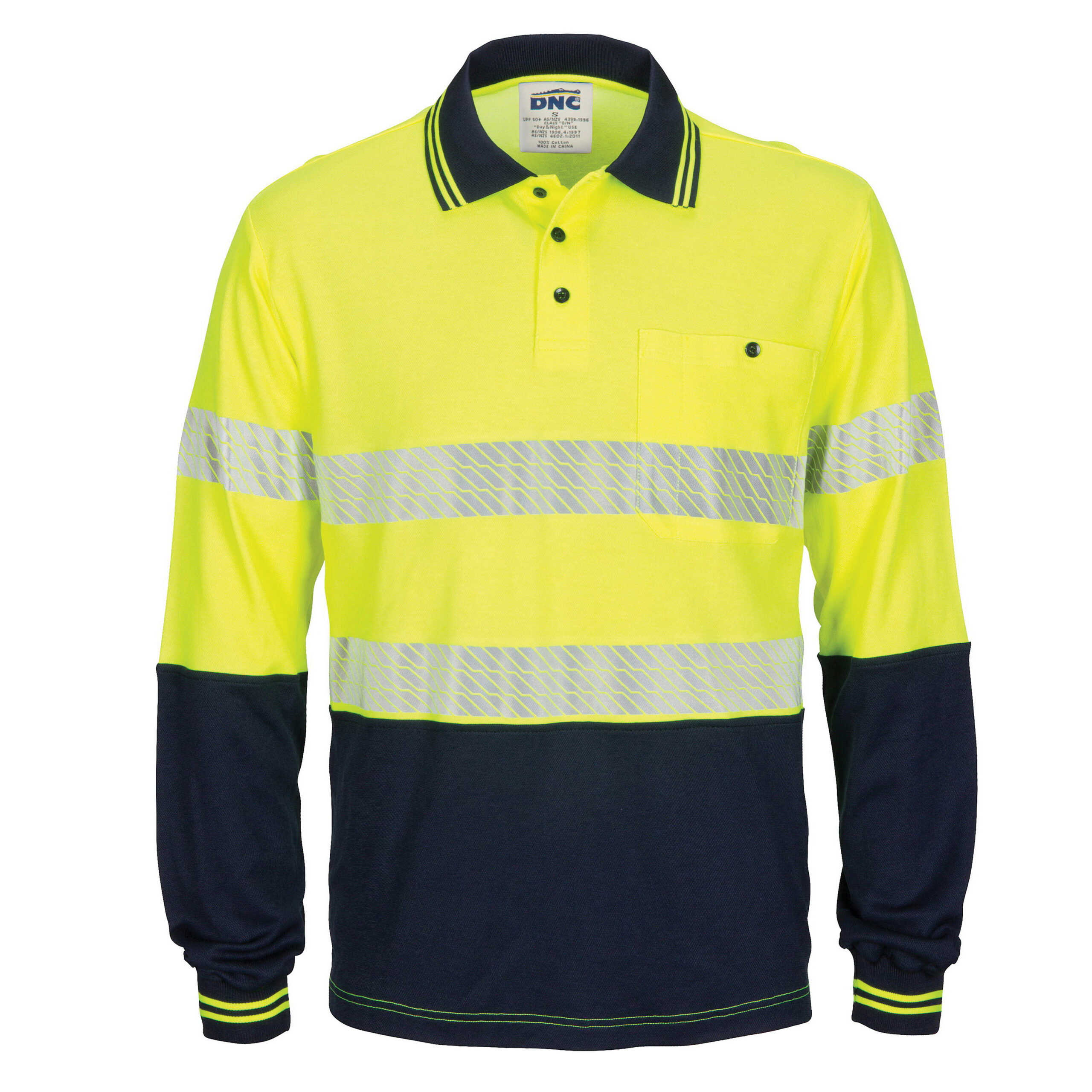 HIVIS Segment Taped Cotton Backed Polo - Long Sleeve Yellow/Navy