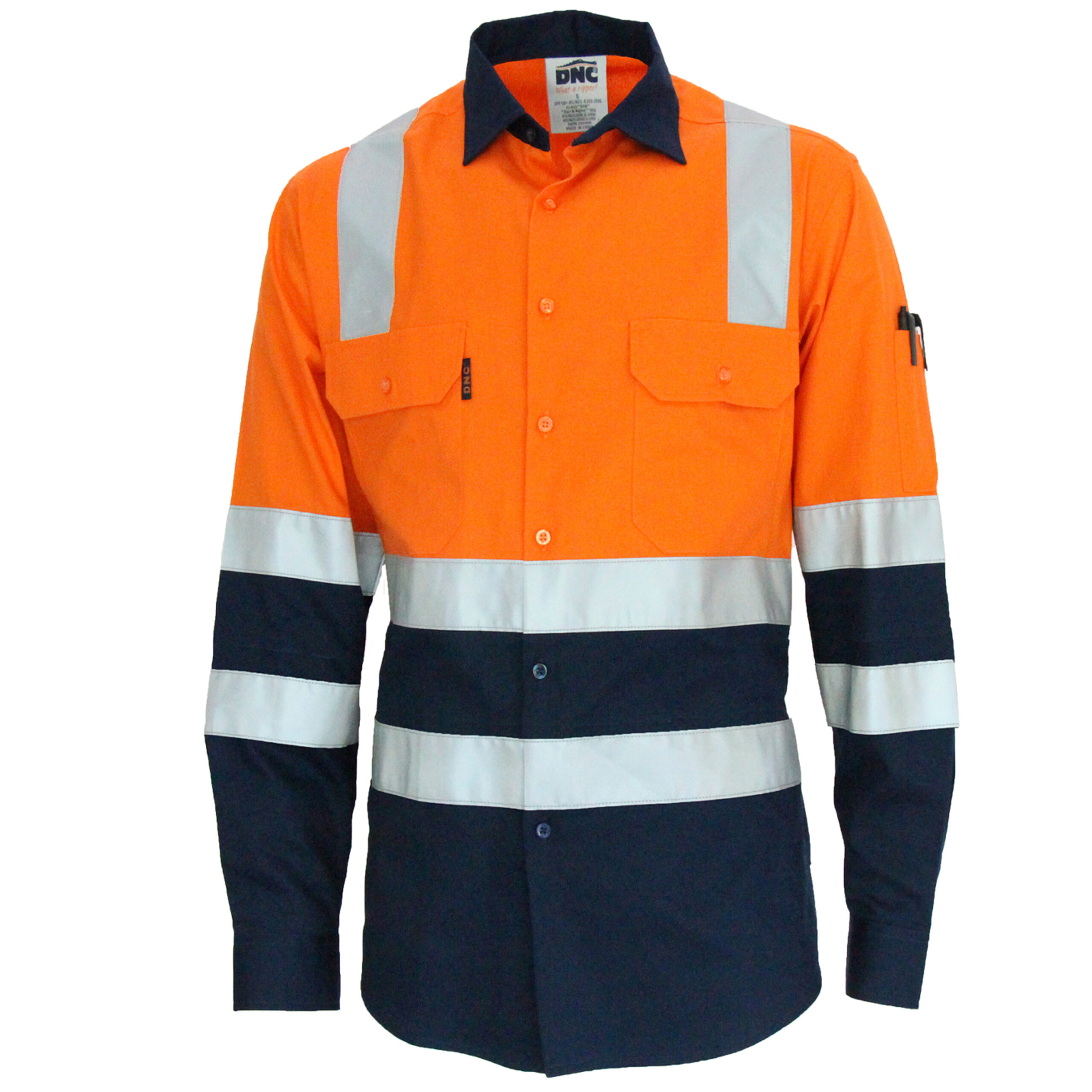 Hivis 2 tone L/W cotton bio-motion & "x" back shirt with CSR R/tape - L/S Orange/Navy Hivis 2 tone L/W cotton bio-motion & "x" back shirt with CSR R/tape - L/S Orange/Navy