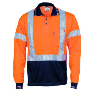 HiVis D/N Cool Breathe Polo Shirt with Cross Back R/Tape - Long Sleeve Orange/Navy