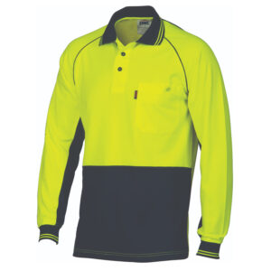 HiVis Cotton Backed Cool-Breeze Contrast Polo - long Sleeve Yellow/Navy
