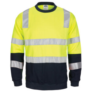 HIVIS 2 tone, crew-neck fleecy sweat shirt with shoulders, double hoop body and arms CSR R/Tape. Yellow/Navy