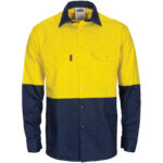 HiVis L/W Cool-Breeze T2 Vertical Vented Cotton Shirt with Gusset Sleeves - Long Sleeve Yellow/Navy