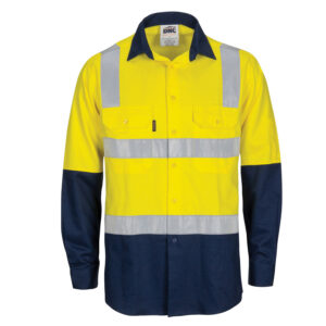 HIVIS Two Tone Cool-Breeze Cotton Shirt with Hoop & Shoulder CSR Reflective Tape - Long Sleeve Yellow/Navy