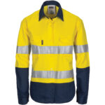 Ladies HiVis 3 Way Cool-Breeze Cotton Shirt with Gusset Sleeve, 3M R/Tape - Long Sleeve. Yellow/Navy