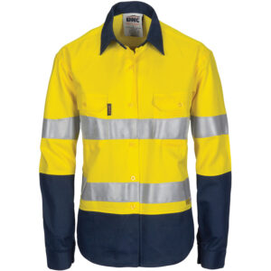 Ladies HiVis 3 Way Cool-Breeze Cotton Shirt with Gusset Sleeve, 3M R/Tape - Long Sleeve. Yellow/Navy