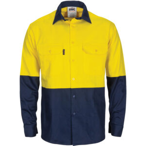 HiVis R/W Cool-Breeze T2 Vertical Vented Cotton Shirt with Gusset Sleeves - Long Sleeve Yellow/Navy