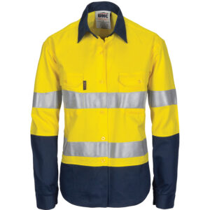 Ladies HIVIS Cool-Breeze Cotton Shirt with CSR R/Tape - Long Sleeve Yellow/Navy