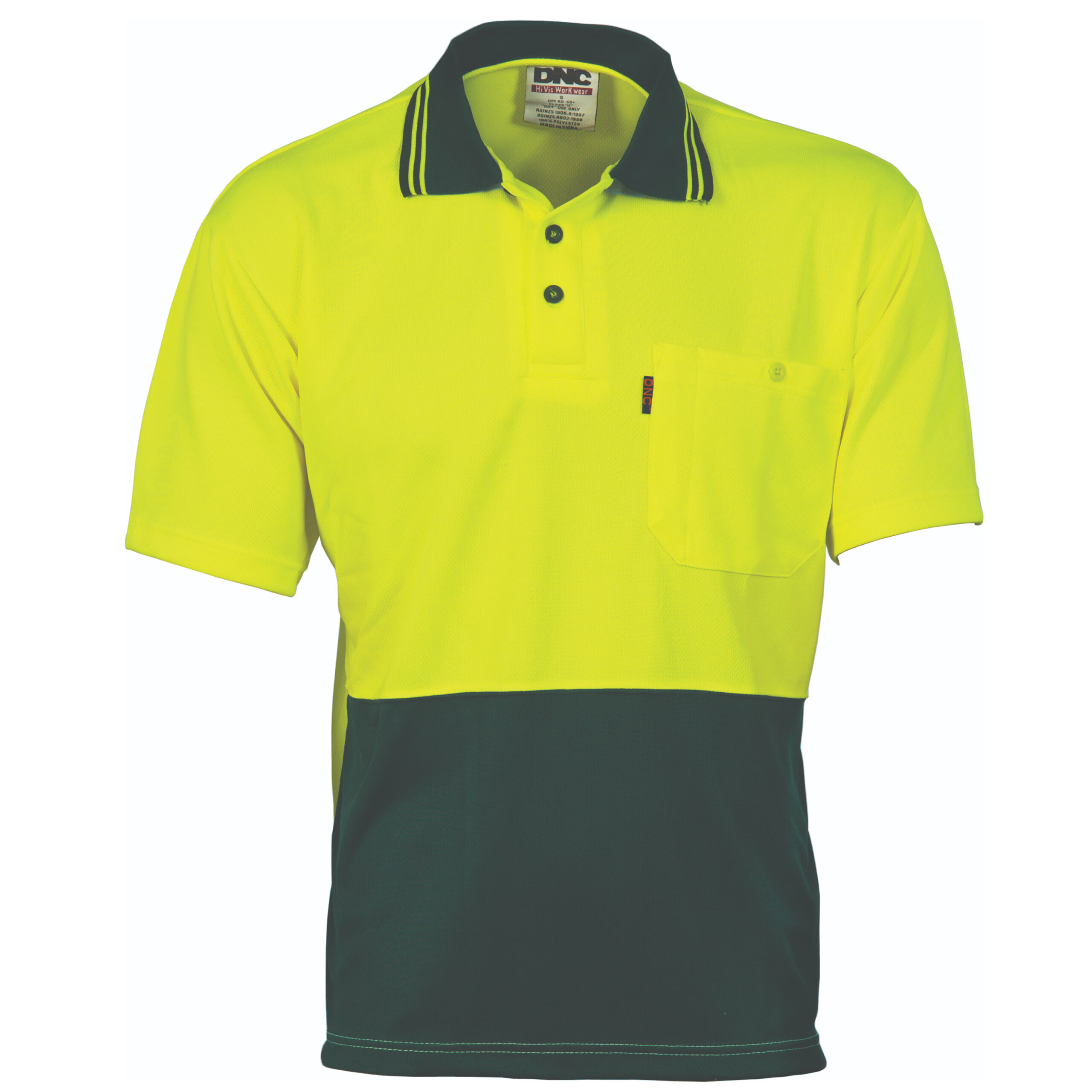 HiVis Two Tone Cool Breathe Polo Shirt, Short Sleeve Yellow/Bottle Green