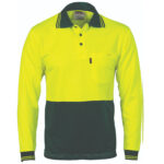 HiVis Two Tone Cool Breathe Polo Shirt, Long Sleeve Yellow/Bottle Green