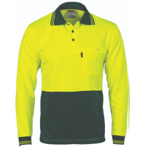HiVis Two Tone Cool Breathe Polo Shirt, Long Sleeve Yellow/Bottle Green