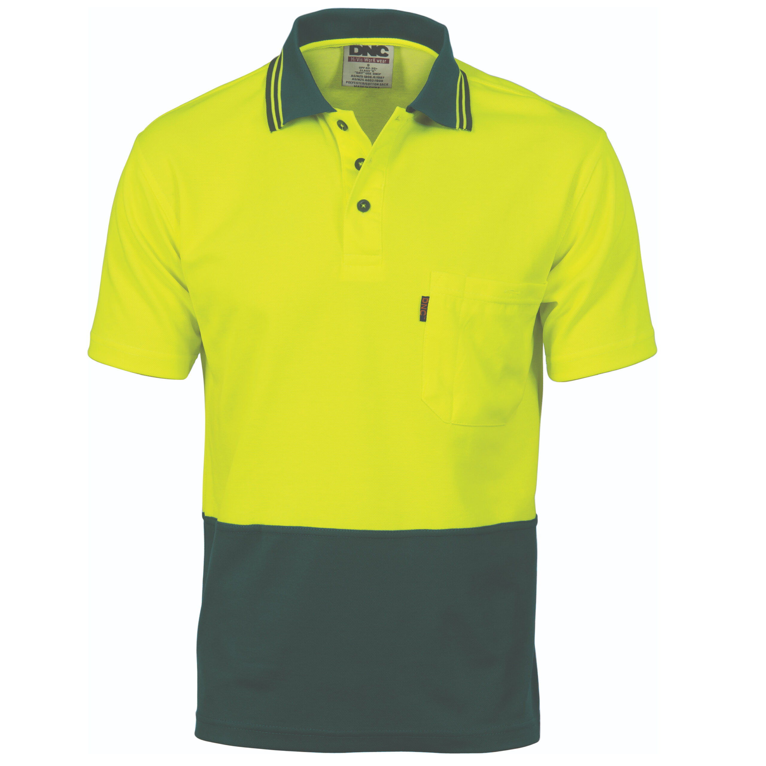 Cotton Back HiVis Two Tone Fluoro Polo - Short Sleeve Yellow/Bottle Green