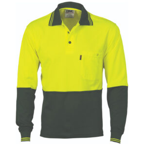 Cotton Back HiVis Two Tone Fluoro Polo - Long Sleeve Yellow/Bottle Green