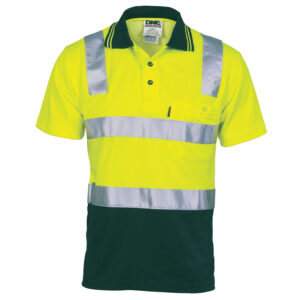 Cotton Back HiVis Two Tone Polo Shirt with CSR R/ Tape - Short sleeve Yellow/Bottle Green