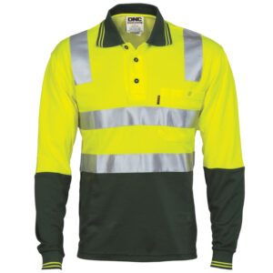 Cotton Back HiVis Two Tone Polo Shirt with CSR R/ Tape - L/S Yellow/Bottle Green