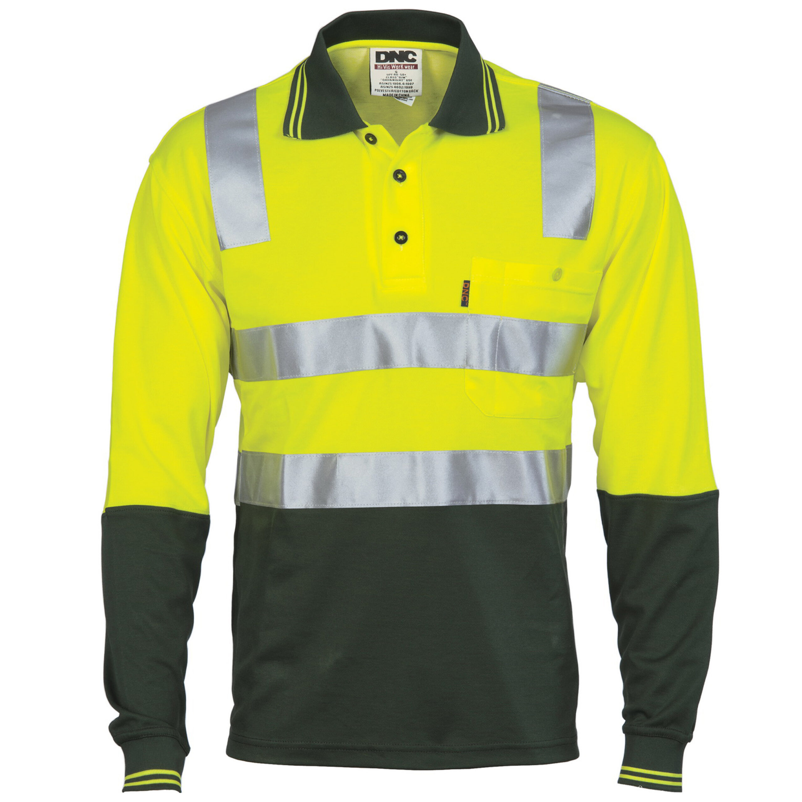 Cotton Back HiVis Two Tone Polo Shirt with CSR R/ Tape - L/S Yellow/Bottle Green Cotton Back HiVis Two Tone Polo Shirt with CSR R/ Tape - L/S Yellow/Bottle Green