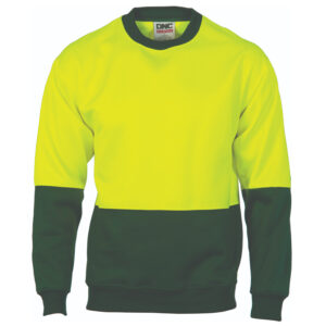 HiVis Two Tone Fleecy Sweat Shirt (Sloppy Joe) Crew-Neck Yellow/Bottle Green