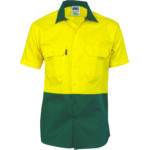 HiVis Two Tone Cotton Drill Shirt - Short Sleeve Yellow/Bottle Green