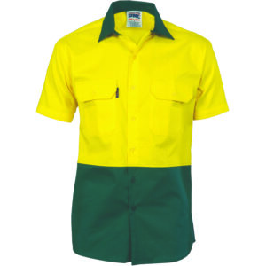 HiVis Two Tone Cotton Drill Shirt - Short Sleeve Yellow/Bottle Green