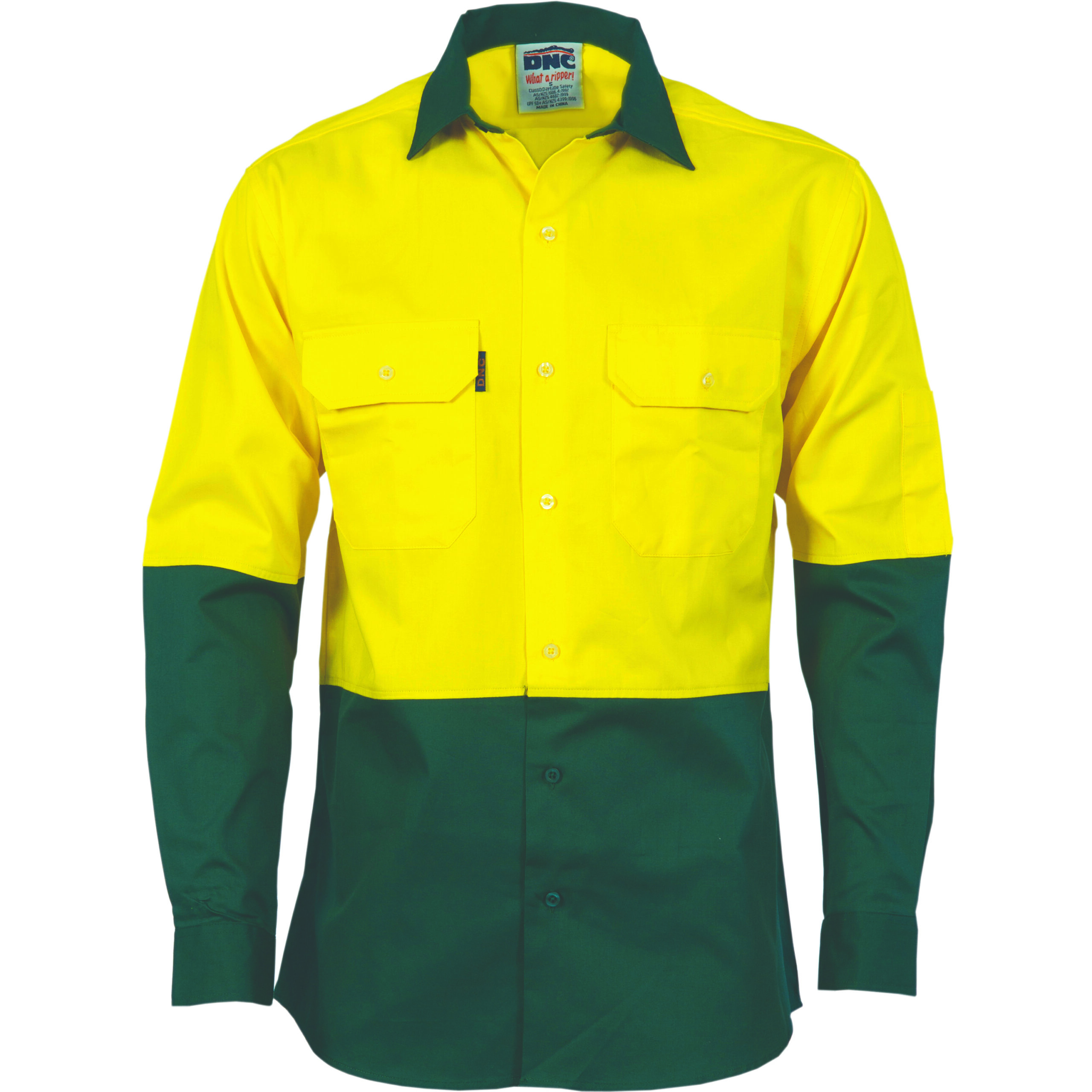 HiVis Two Tone Cotton Drill Shirt - Long Sleeve Yellow/Bottle Green