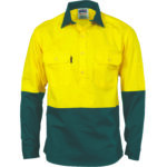 HiVis Two Tone Close Front Cotton Drill Shirt - long sleeve Guss et Sleeve Yellow/Bottle Green
