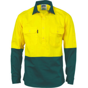 HiVis Two Tone Close Front Cotton Drill Shirt - long sleeve Guss et Sleeve Yellow/Bottle Green