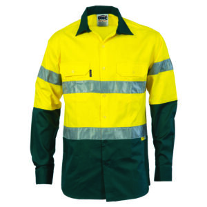 HiVis Two Tone Drill Shirt with 3M 8910 R/Tape - Long Sleeve Yellow/Bottle Green