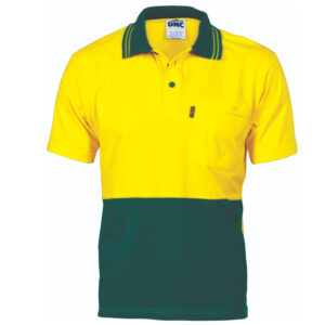 HiVis Cool-Breeze Cotton Jersey Polo Shirt
with Under Arm Cotton Mesh - S/S Yellow/Bottle Green