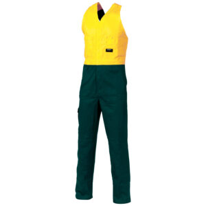 HiVis Two Tone Cotton Action Back Overall Yellow/Bottle Green