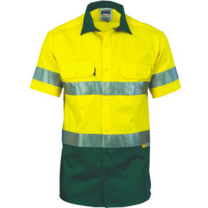 HiVis Cool-Breeze Cotton Shirt with 3M 8906 R/Tape - Short sleeve Yellow/Bottle Green
