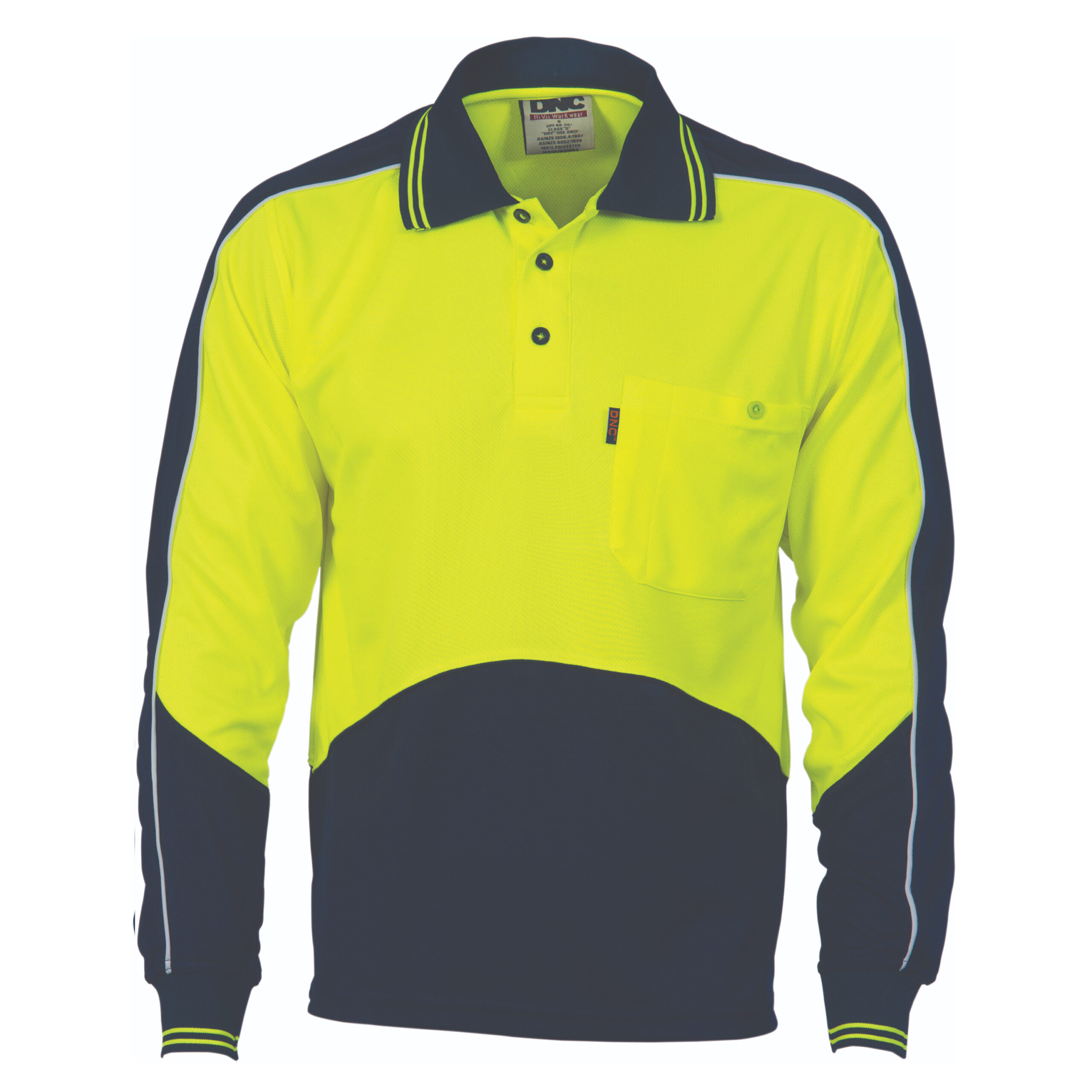 HiVis Cool Breathe Panel Polo Shirt - Long Sleeve Yellow/Navy