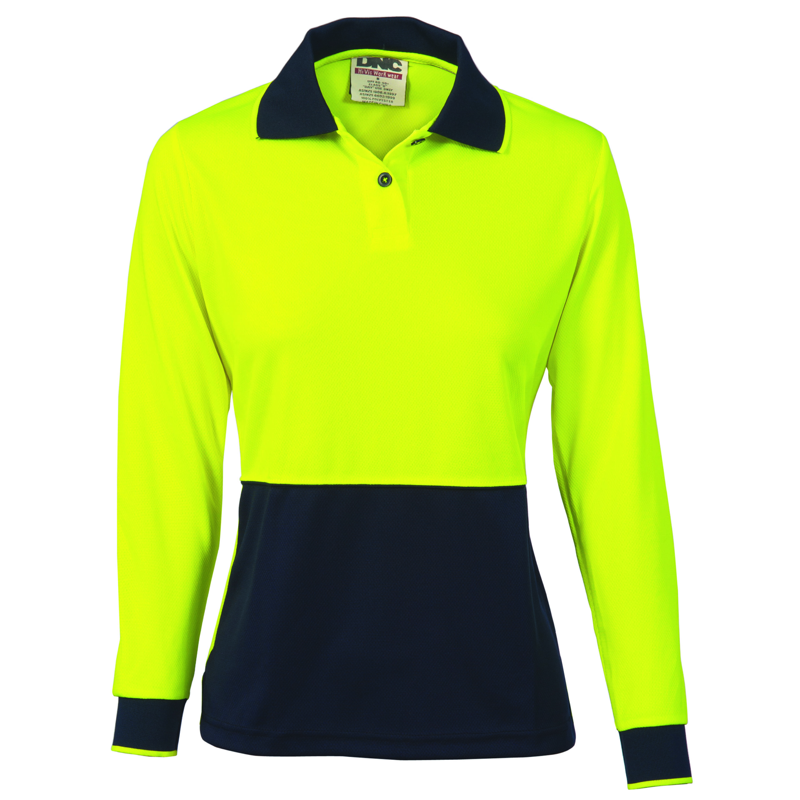 Ladies HiVis Two Tone Polo Shirt - Long Sleeve Yellow/Navy