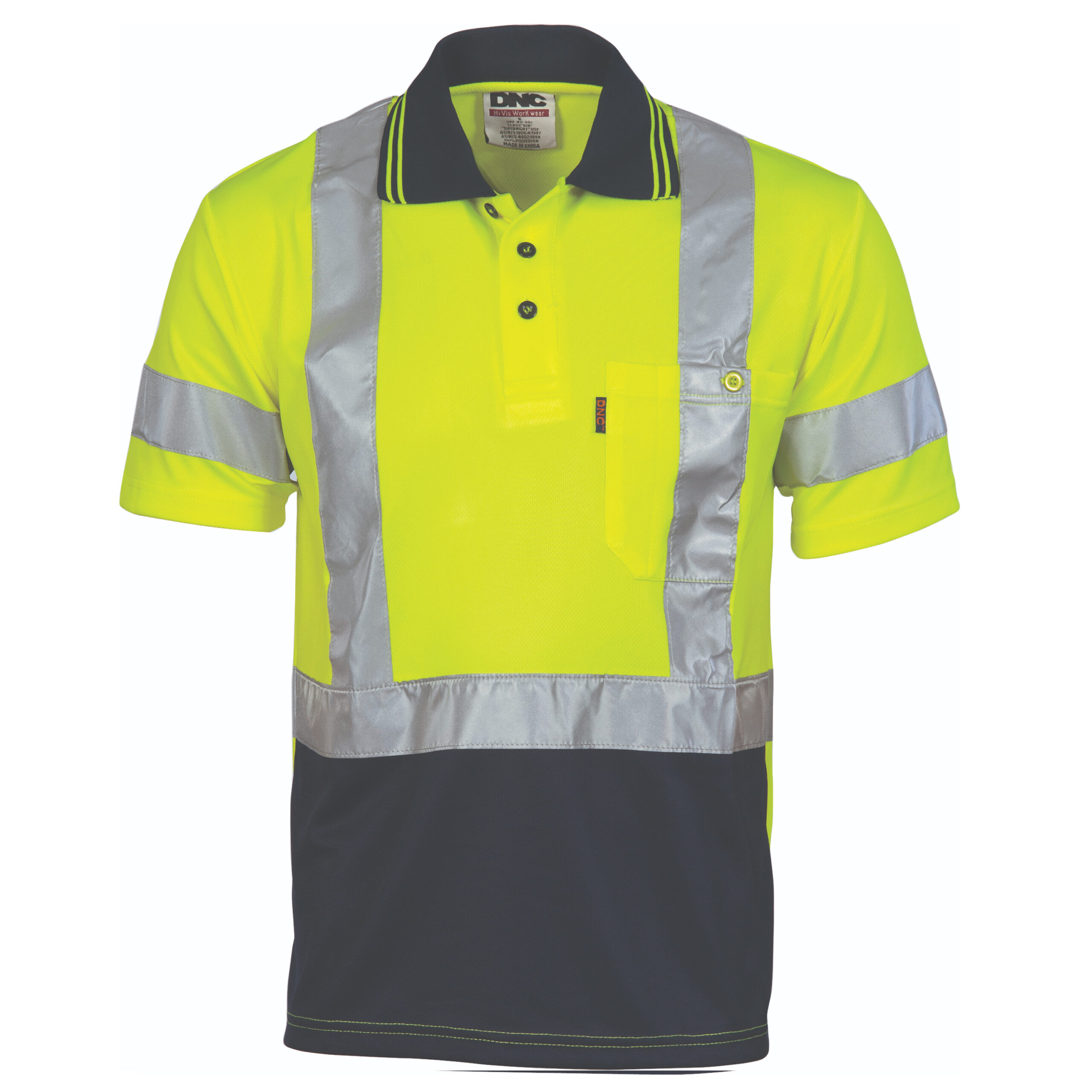 Hivis D/N Cool Breathe Polo Shirt With Cross Back R/Tape - Short Sleeve Yellow/Navy Hivis D/N Cool Breathe Polo Shirt With Cross Back R/Tape - Short Sleeve Yellow/Navy