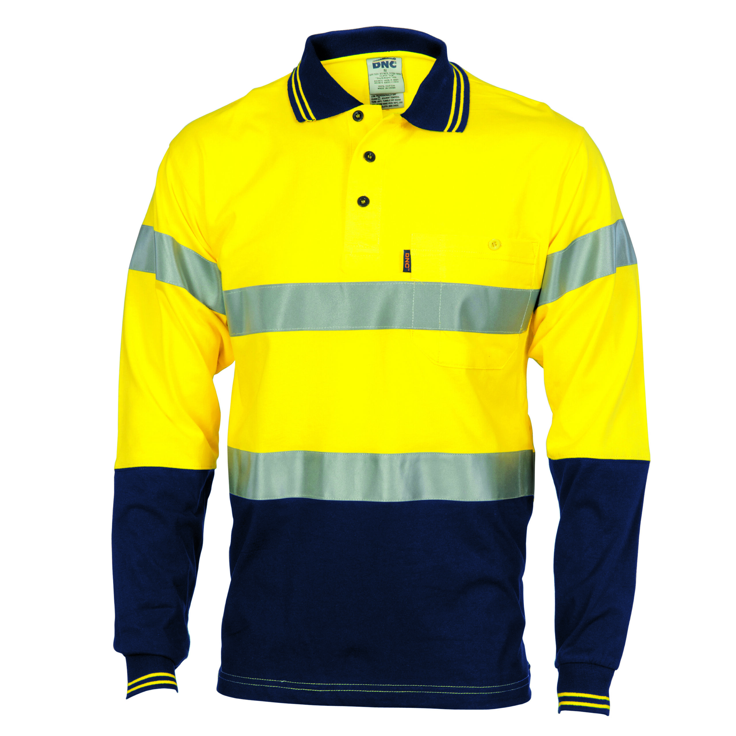 Hivis Cool-Breeze Cotton Jersey Polo With CSR R/Tape - L/S Yellow/Navy Hivis Cool-Breeze Cotton Jersey Polo With CSR R/Tape - L/S Yellow/Navy
