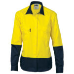 Ladies HiVis Two Tone Cott on
Drill Sh irt - Long Sleeve Yellow/Navy