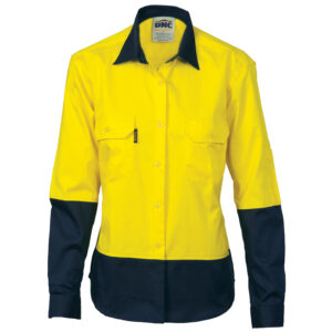 Ladies HiVis Two Tone Cott on
Drill Sh irt - Long Sleeve Yellow/Navy