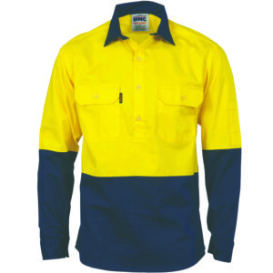 HiVis 2 Tone Cool-Breeze Close Front Cotton
Shirt - Long sleeve Yellow/Navy