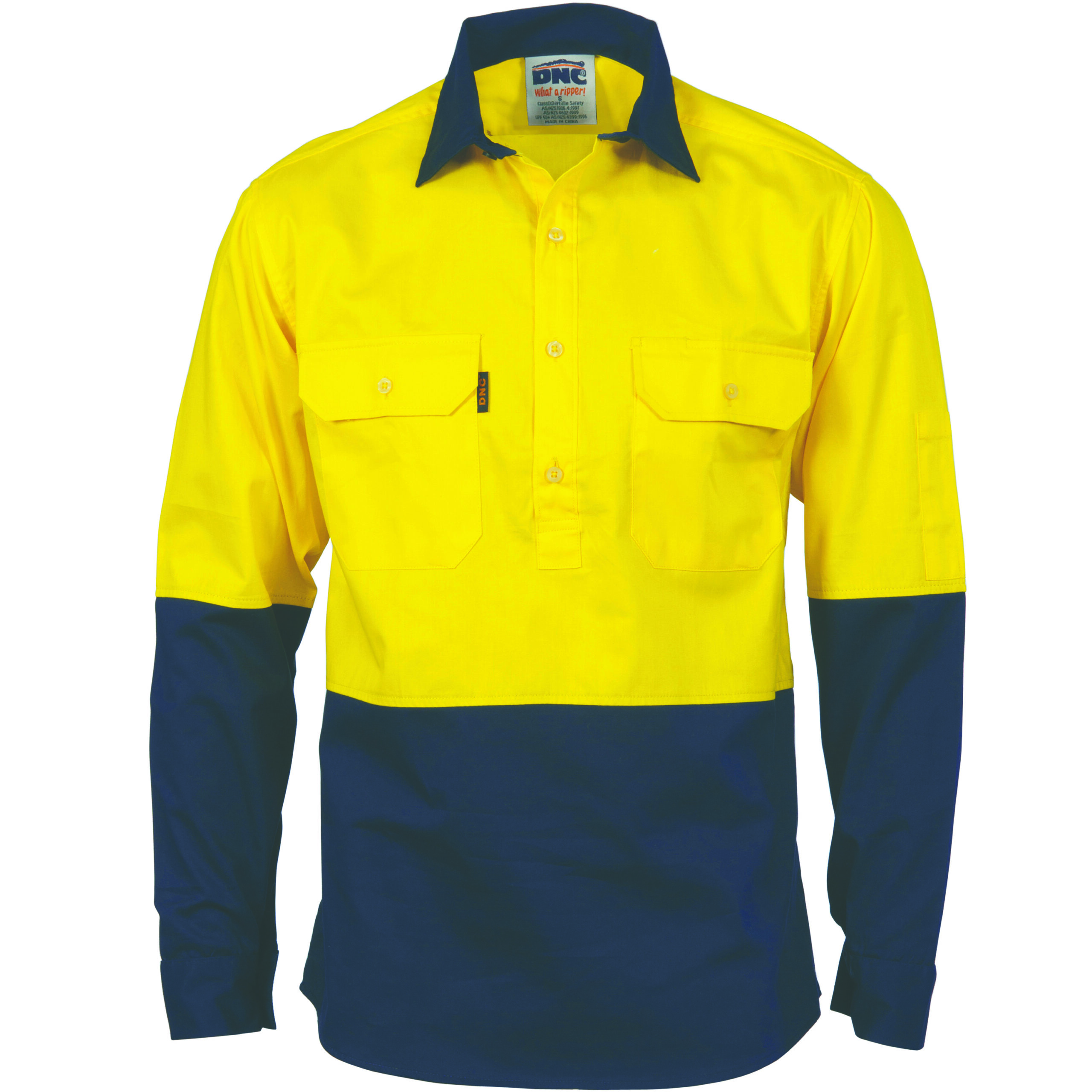 HiVis 2 Tone Cool-Breeze Close Front Cotton
Shirt - Long sleeve Yellow/Navy
