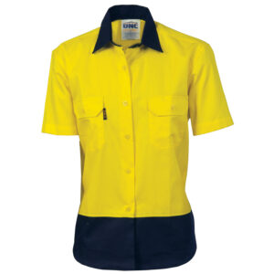 Ladies HiVis 2 Tone Cool-Breeze Cotton Shirt - Short Sleeve Yellow/Navy