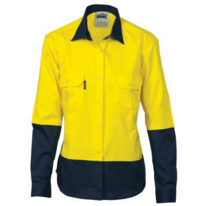 Ladies HiVis 2 Tone Cool-Breeze Cott on Sh irt - Long Sleeve Yellow/Navy