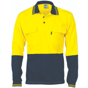 HiVis Cool-Breeze 2 Tone Cotton Jersey Polo
Shirt with Twin Chest Pocket - L/S Yellow/Navy