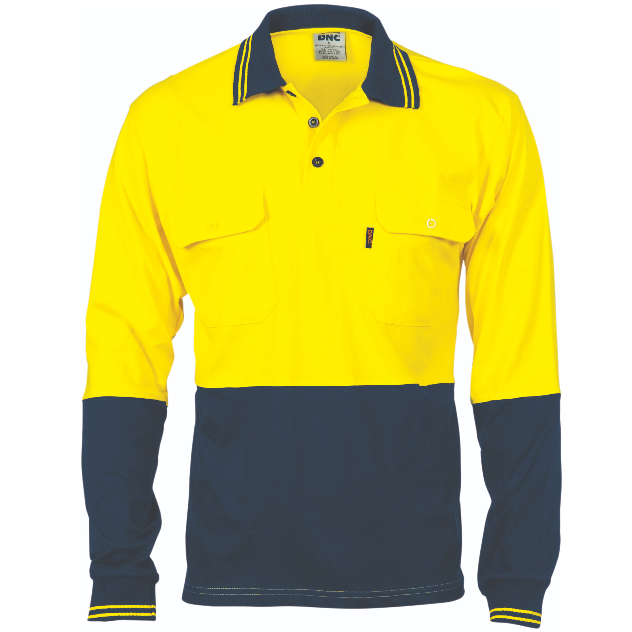 HiVis Cool-Breeze 2 Tone Cotton Jersey Polo
Shirt with Twin Chest Pocket - L/S Yellow/Navy HiVis Cool-Breeze 2 Tone Cotton Jersey Polo
Shirt with Twin Chest Pocket - L/S Yellow/Navy