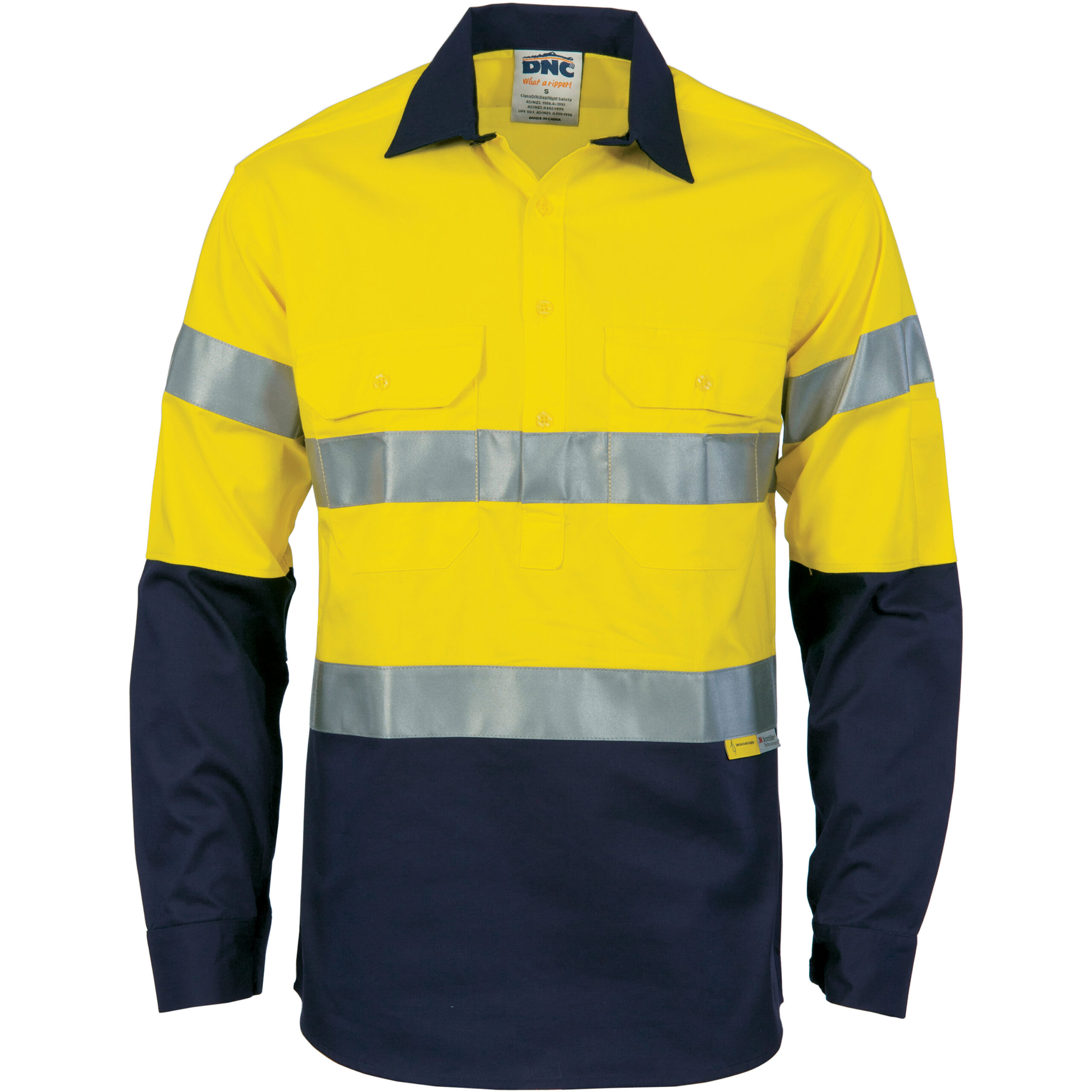 HiVis Cool-Breeze Close Front Cotton Shirt
with 3M R/Tape - Long sleeve Yellow/Navy HiVis Cool-Breeze Close Front Cotton Shirt
with 3M R/Tape - Long sleeve Yellow/Navy