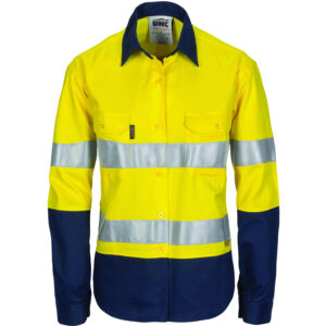 Ladies HiVis Two Tone Cool-Breeze Cott on Sh irt
with 3M R/Tape - Long sleeve Yellow/Navy