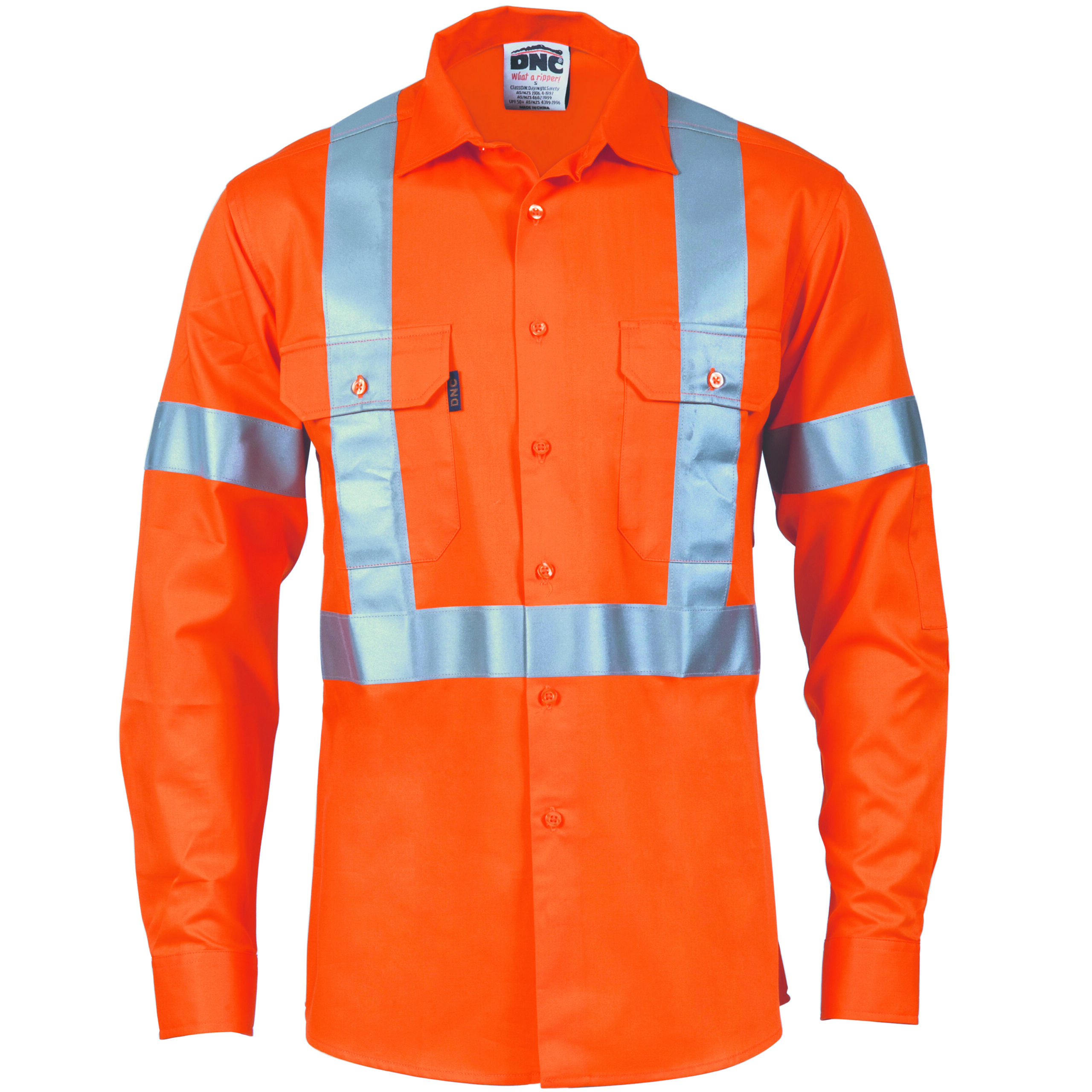 HiVis D/N Cotton Shirt with
Cross Back Generic R/Tape
- long sleeve Orange HiVis D/N Cotton Shirt with
Cross Back Generic R/Tape
- long sleeve Orange