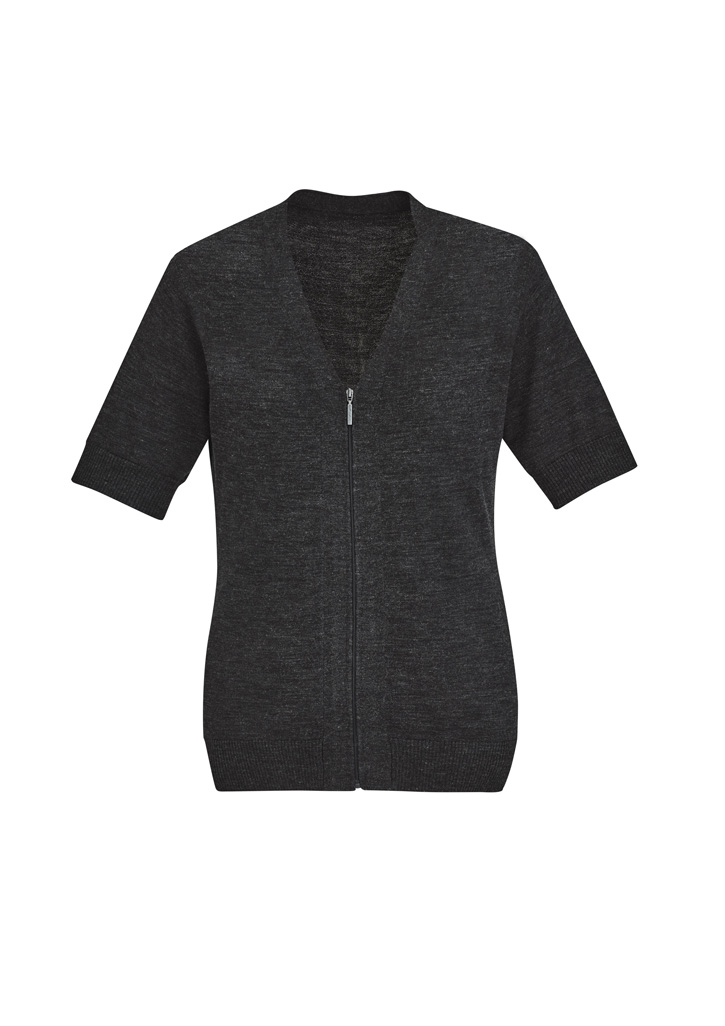 Womens Zip Front Short Sleeve Knit Cardigan Charcoal