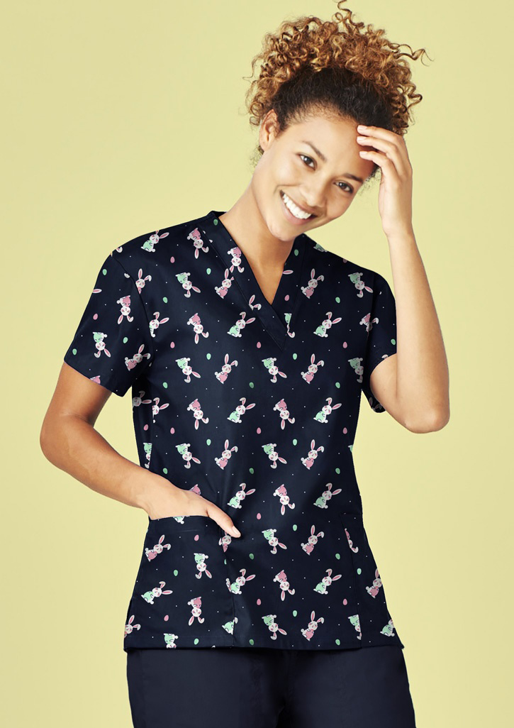 Womens Easter V-Neck Short Sleeve Scrub Top Midnight Navy