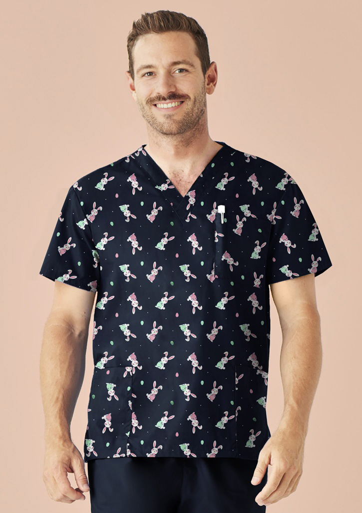 Mens Easter V-Neck Short Sleeve Scrub Top Midnight Navy